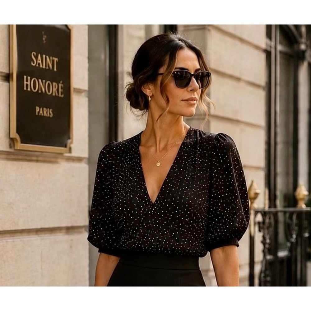 Joie Silk Heart Print Blouse Womens Medium Black Puff Sleeve Top $248